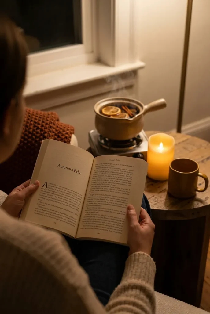 Reading a book by a flameless candle in a cozy fall nook at night.