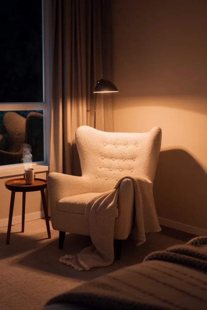 Reading corner in a cottagecore bedroom with a boucle armchair and warm lamp at night