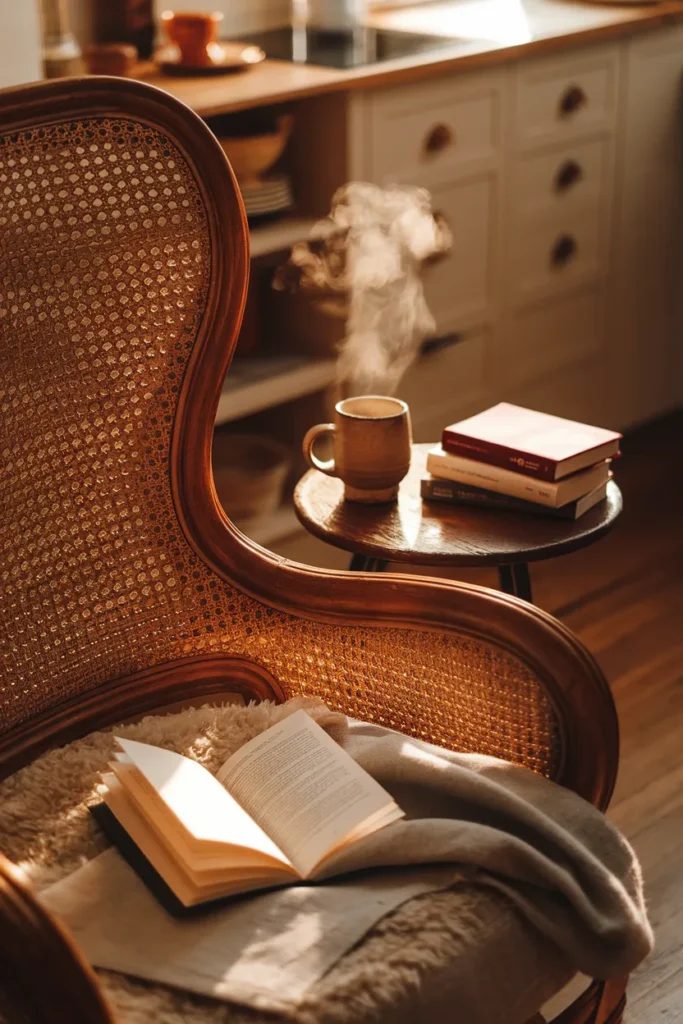 Reading corner in a kitchen with an armchair, side table within reach, and golden hour light.