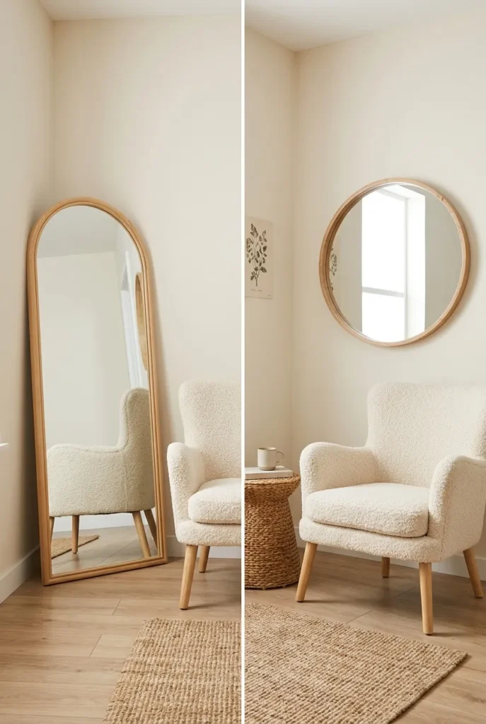 Reading corner shown with a floor mirror versus a round wall mirror for comparison.