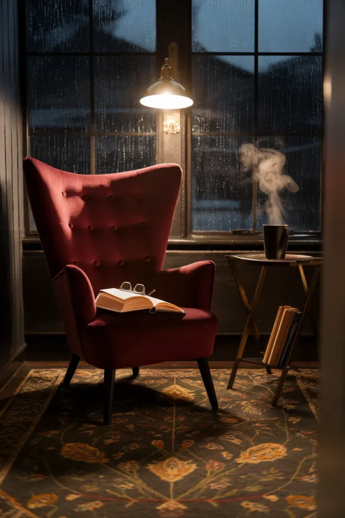 Reading corner with a wall sconce, side table, and open book in a dark cottagecore living room.