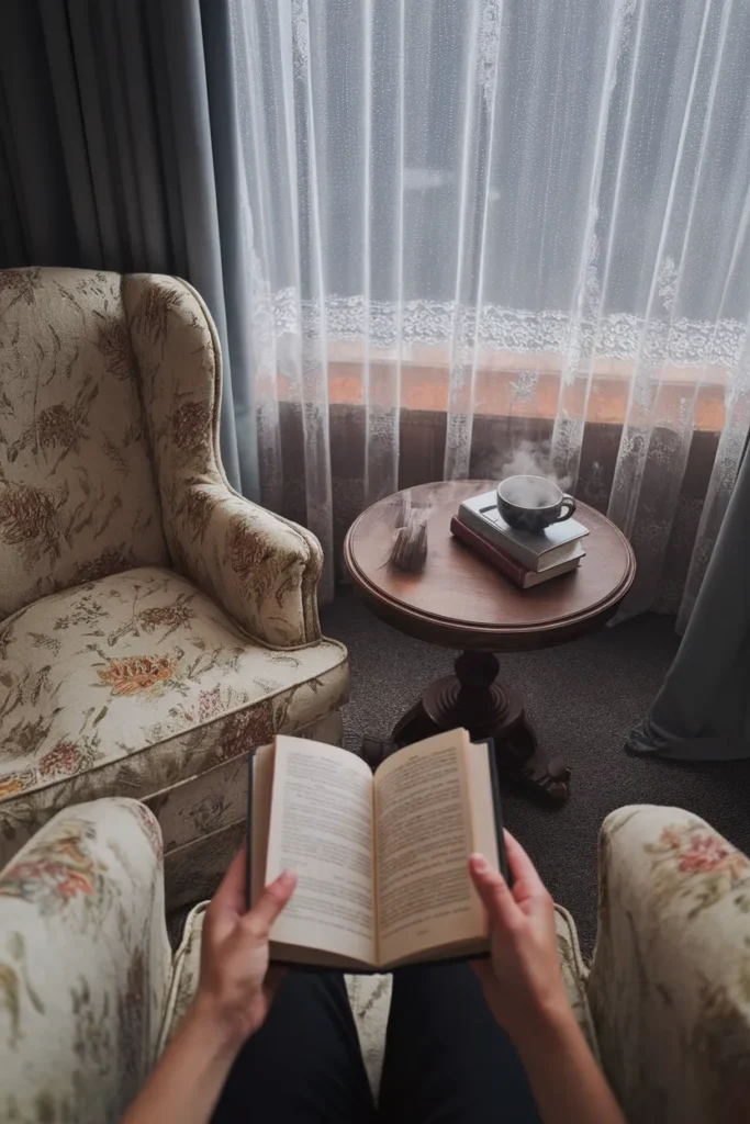 Reading corner with armchair, teacup and side table beside a rainy window in a vintage living room