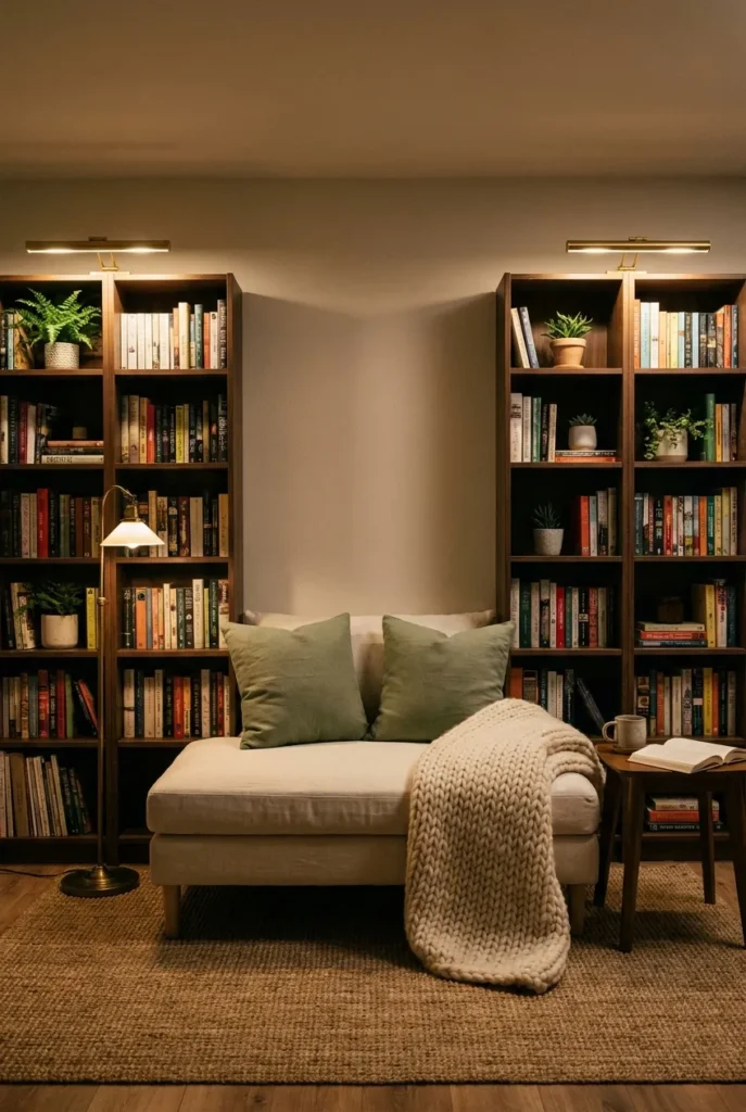Reading nook for two between two tall bookcases with a cushioned bench and warm picture light.