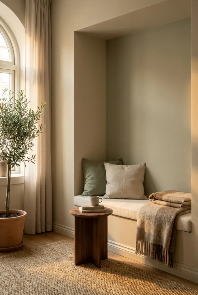 Reading nook for two with a cream bench, wool throw, and a shared side table by an arched window.