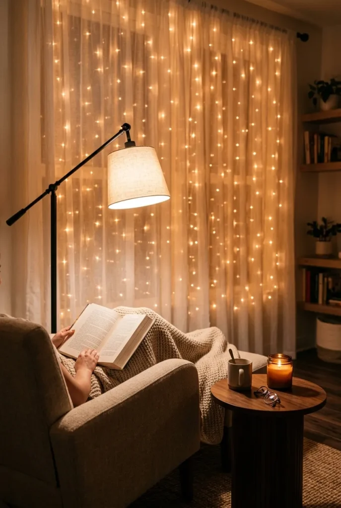 Reading nook layering fairy lights, a swing-arm lamp, and a candle for balanced glow.