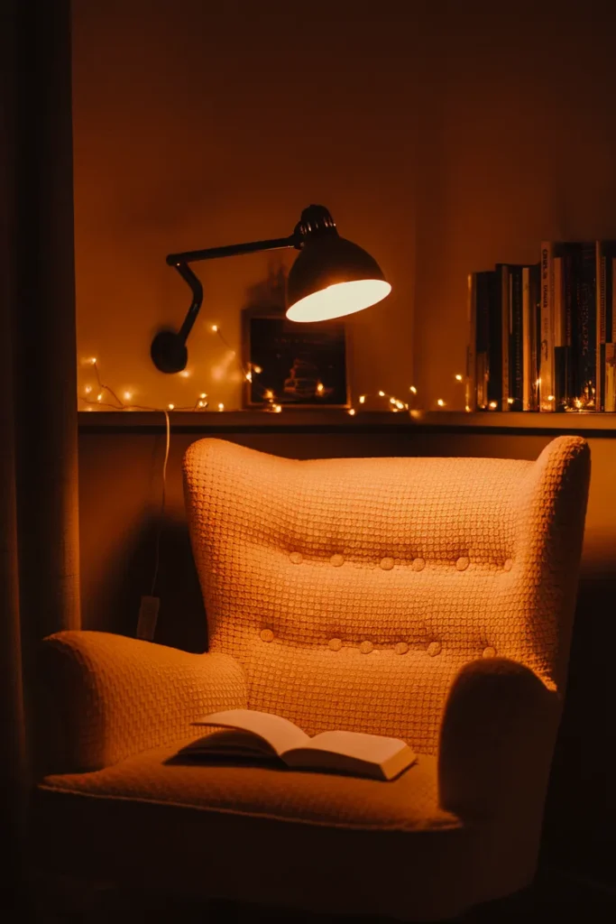 Reading nook lit at night with a warm swing-arm sconce and string lights along the shelf.
