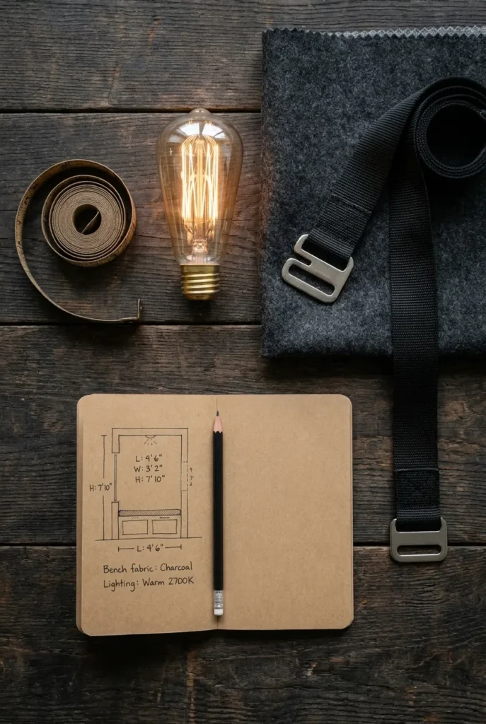 Reading nook planning flat-lay with tape measure, bulb, swatch, and anchor strap.