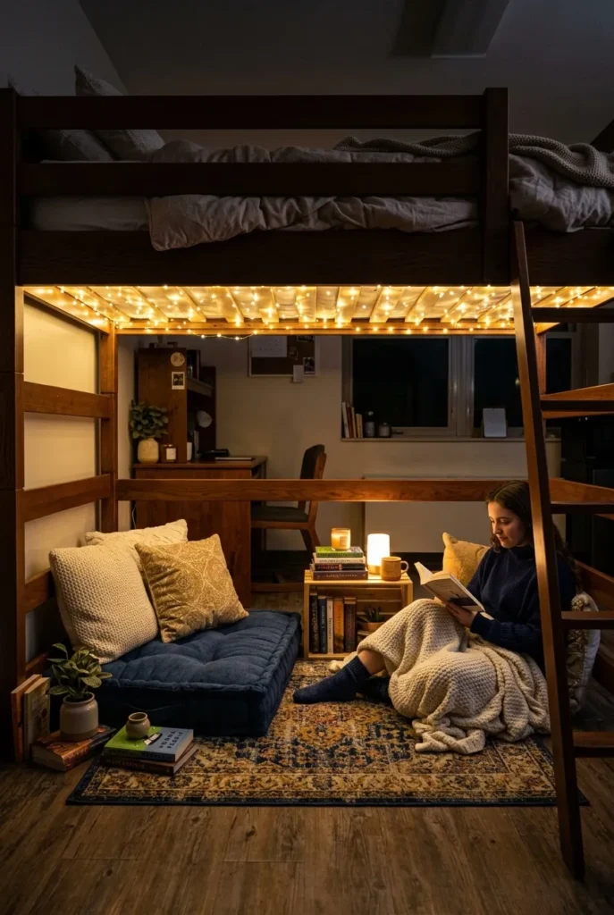 Reading nook tucked under a lofted dorm bed with a floor cushion, rug, and fairy lights.