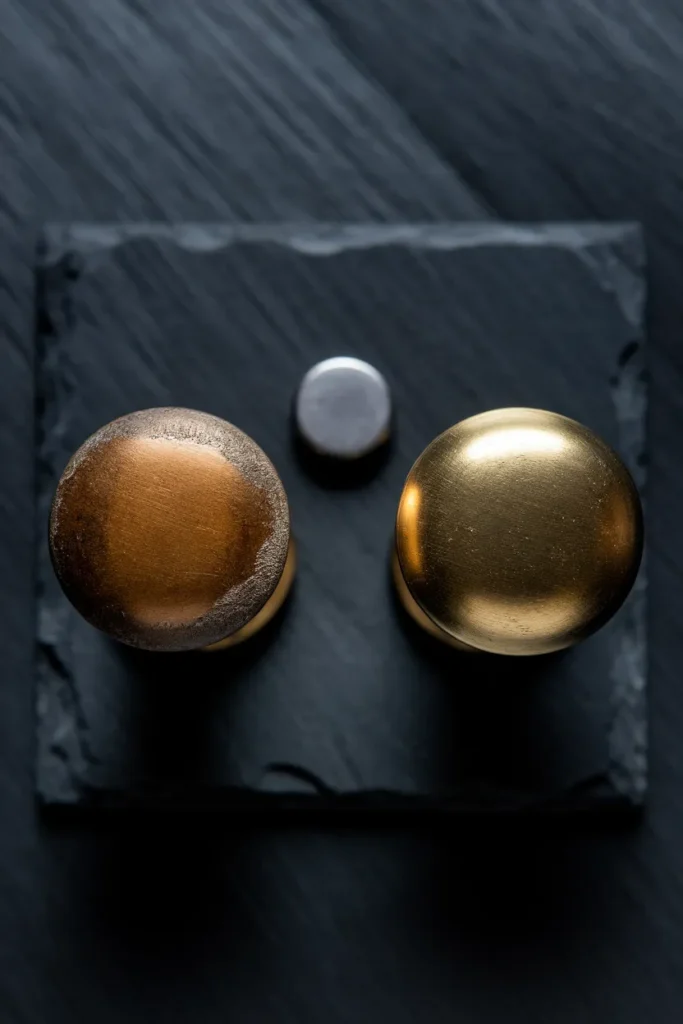 Real aged brass knob compared with a factory distressed reproduction knob and a magnet