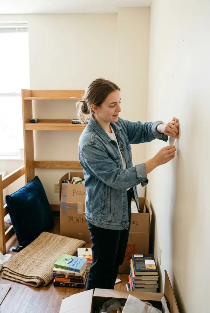 Removing a damage-free strip while packing up a dorm reading nook on move-out day.