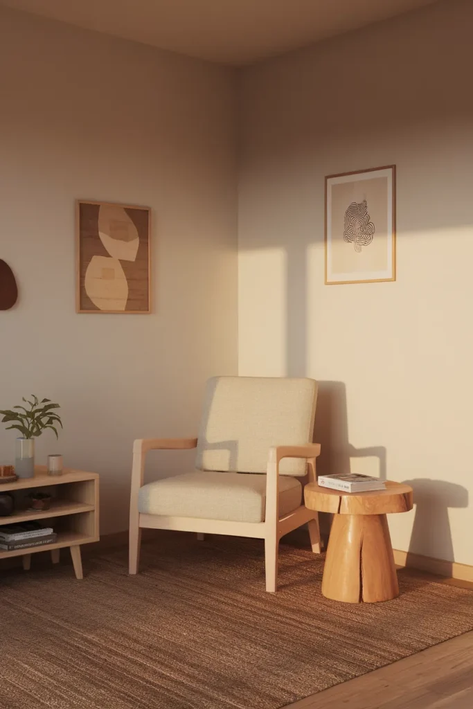 Rental apartment reading corner with birch armchair, linen throw and layered jute rug in afternoon light