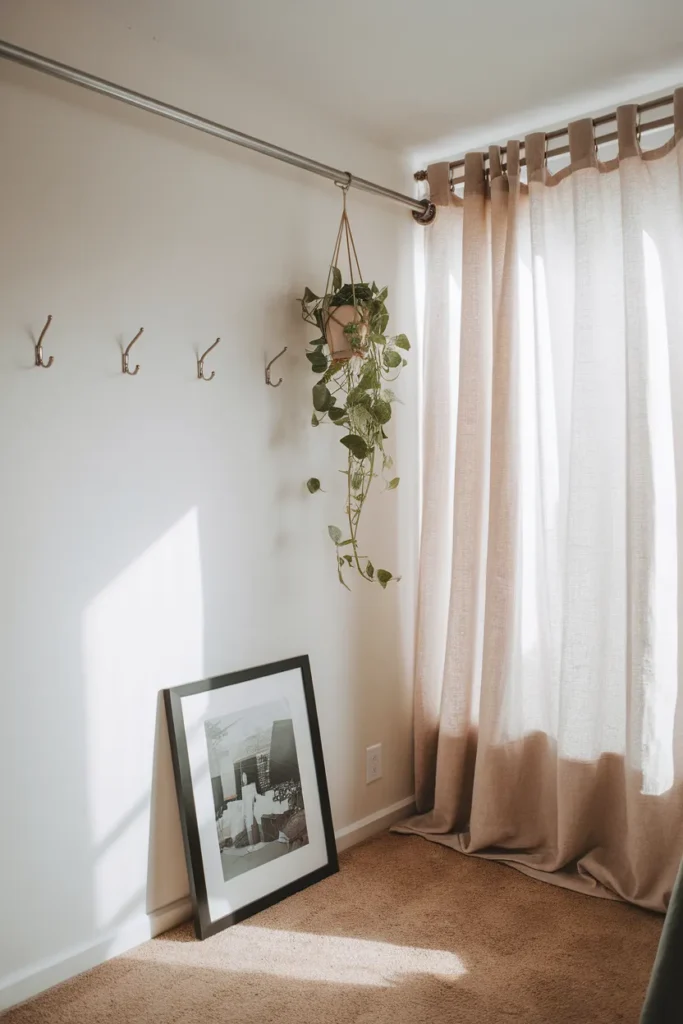 Renter-friendly bedroom corner with leaning art, tension rod curtain and adhesive hooks
