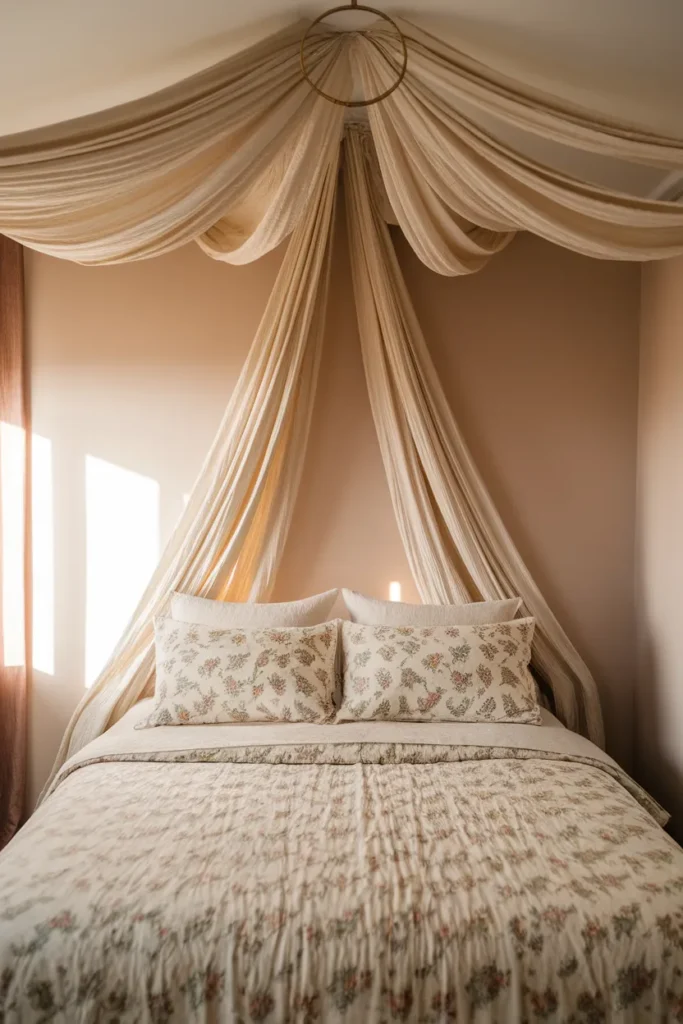 Renter-friendly cottagecore canopy bed with muslin drape under an 8-foot ceiling.