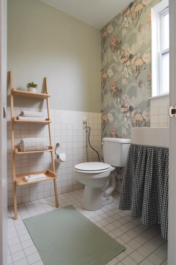 Renter friendly rustic bathroom with ladder shelf, sink skirt and peel and stick wallpaper.