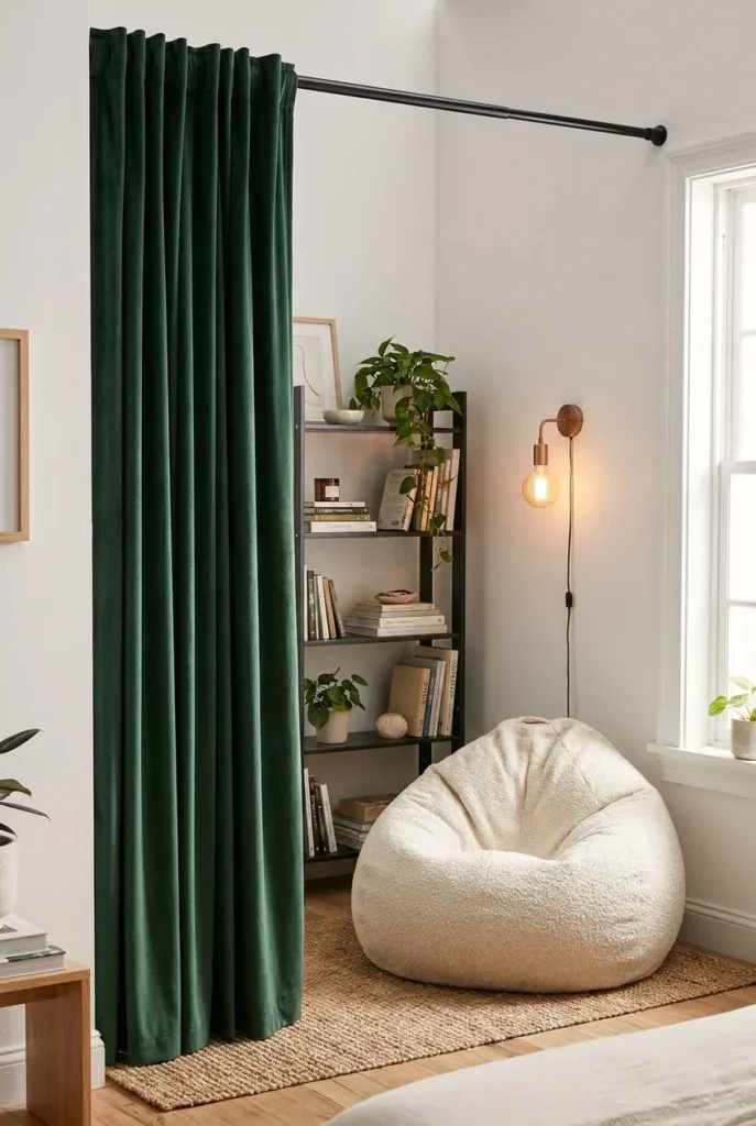 Renter-friendly teen reading nook zoned off with a tension-rod curtain.