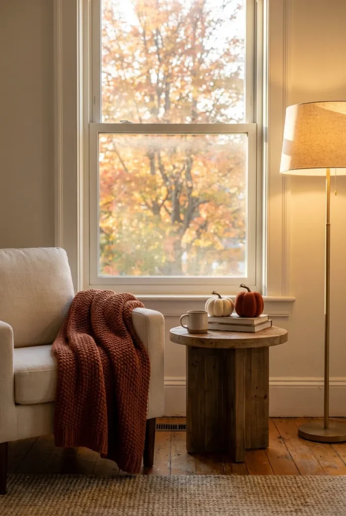 Renter-safe fall reading nook with rust throw, faux pumpkins, and warm lamp by a window.Fall Reading Nook Decor