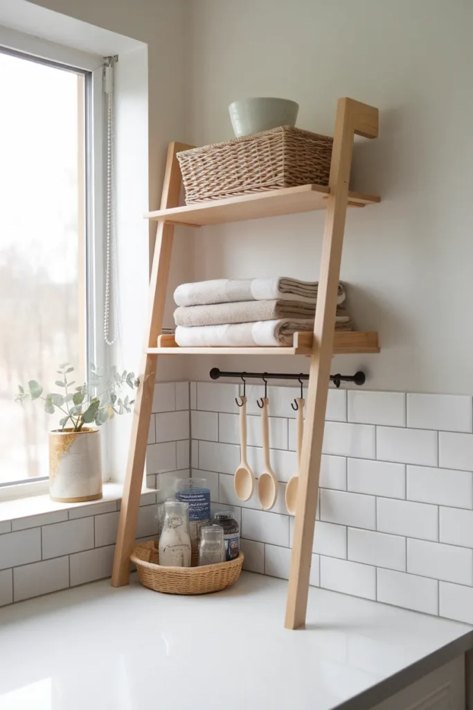 Renter safe farmhouse kitchen corner with tension rod curtain and leaning ladder shelf.
