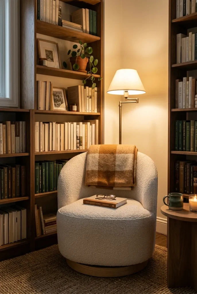 Round boucle swivel chair tucked into a corner library with warm evening light