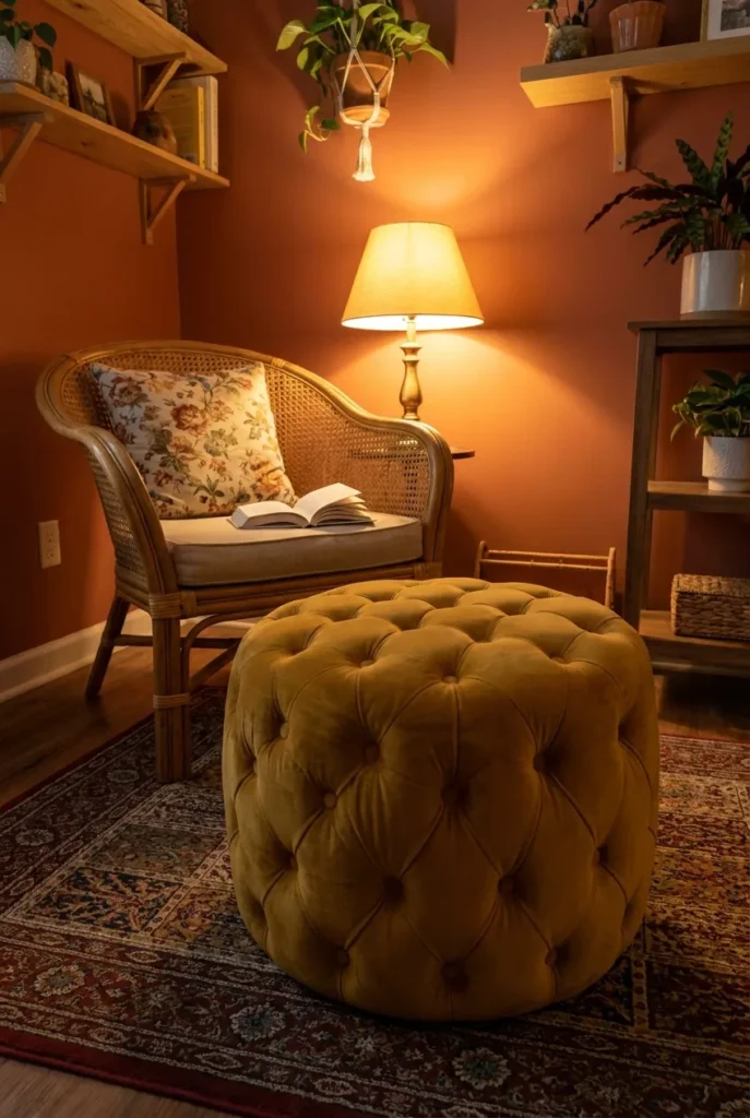 Round mustard velvet pouf in front of a rattan reading nook chair on a rug.