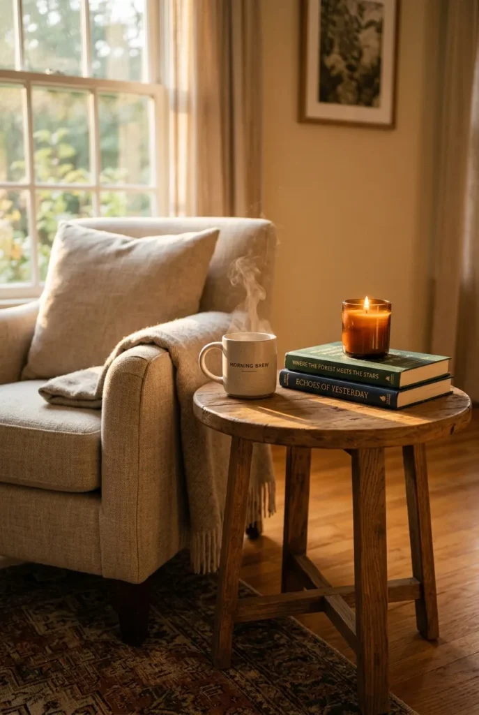 Round side table with mug and books beside a cozy fall reading nook chair.