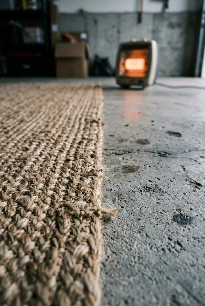 Rug over concrete garage floor with a space heater for a warm reading nook.