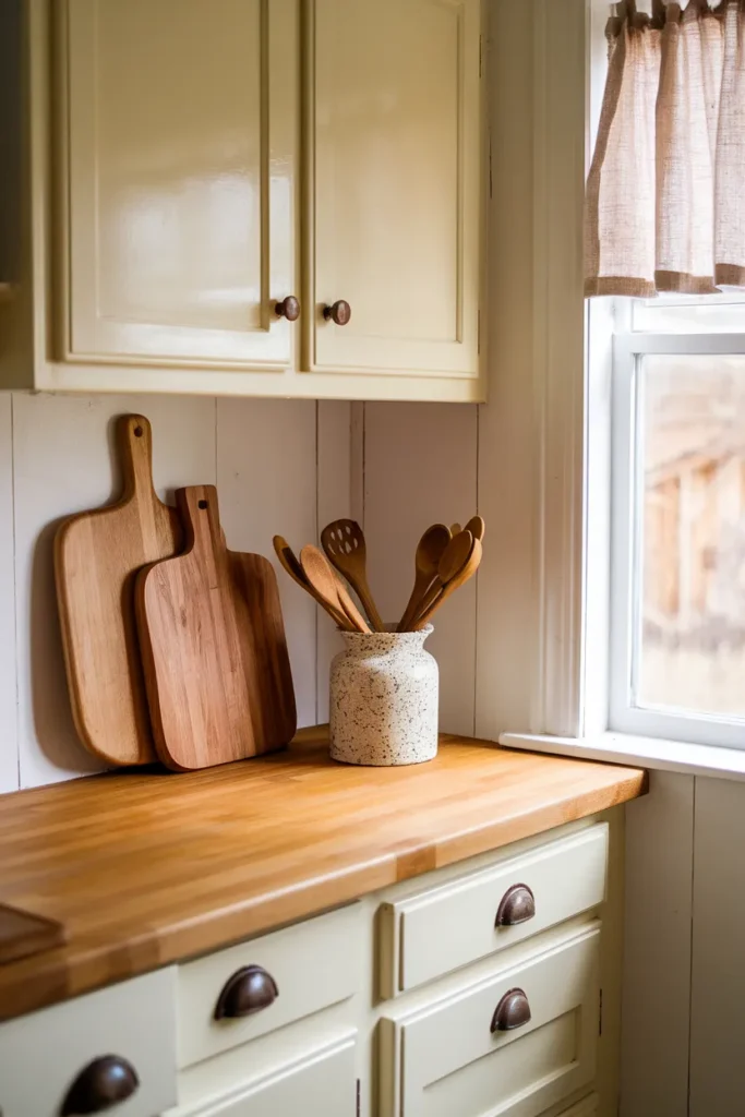 Rustic farmhouse kitchen decor on a budget cream cabinets, leaned wood boards, and a linen cafe curtain.