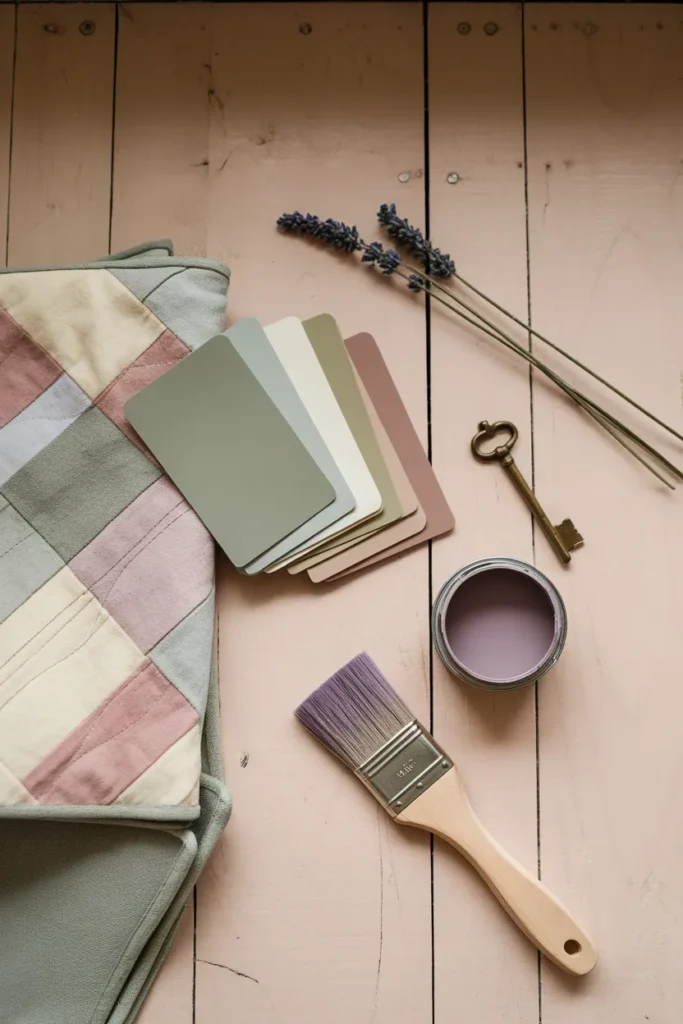 Sage and cream paint swatches with a quilt square, the starting palette for a cottage style living room