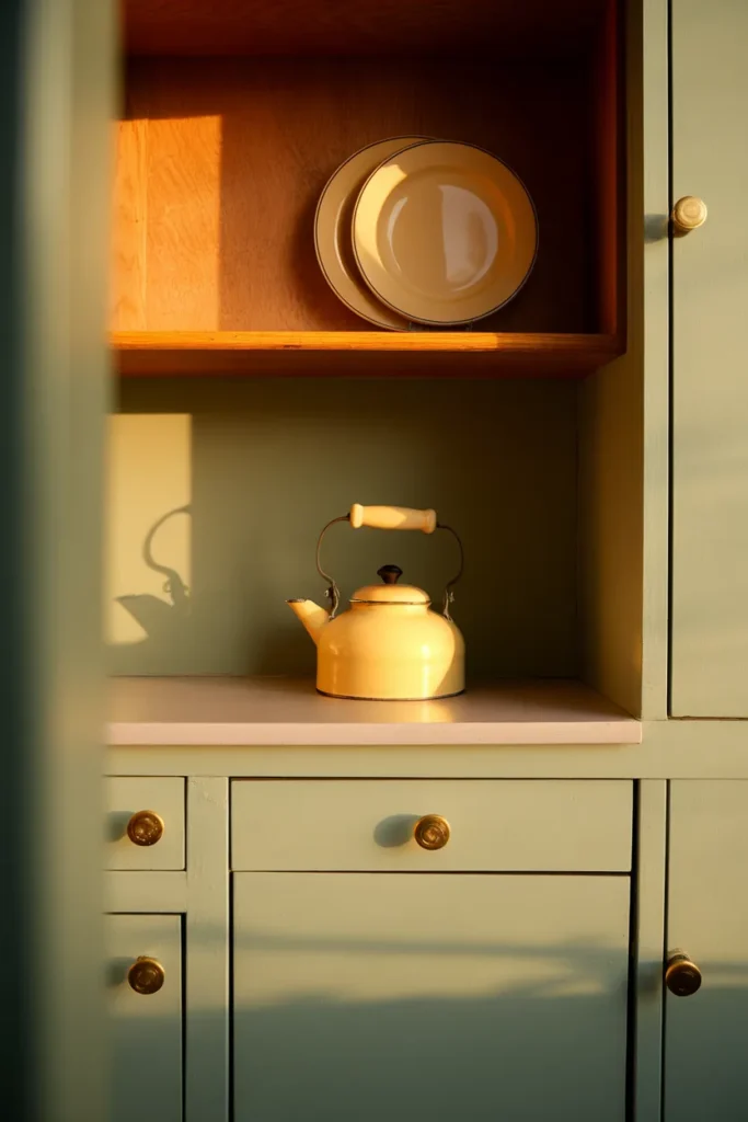 Sage green cabinet corner with a butter yellow kettle in golden hour light, pastel kitchen ideas in practice