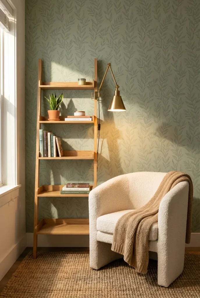Sage green renter reading nook with peel-and-stick wallpaper, ladder shelf, and swing-arm sconce.