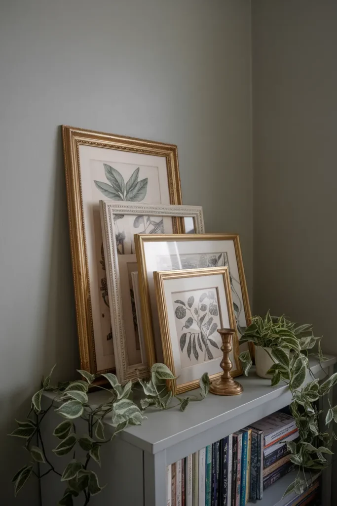 Sage green wall with thrifted botanical prints in a soft cottagecore color palette