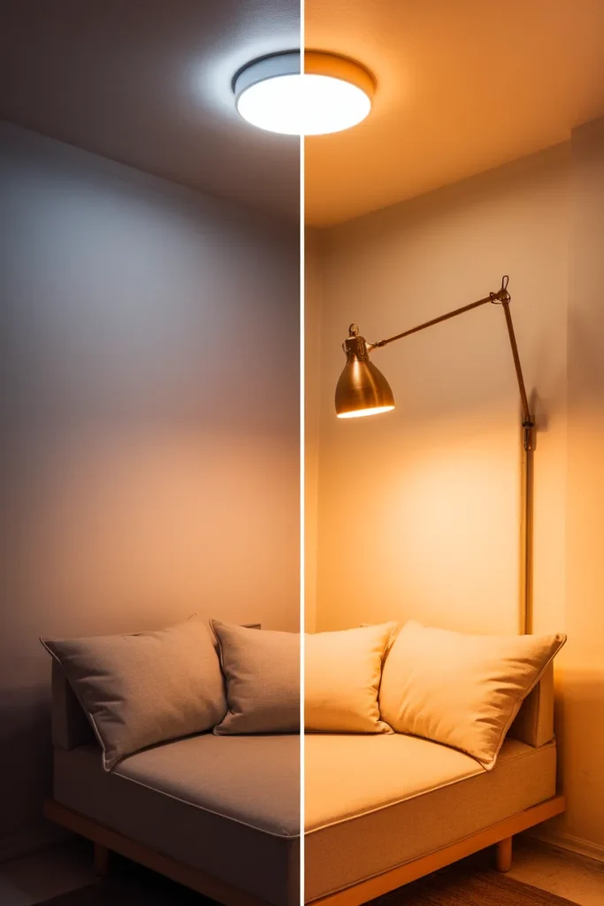 Same apartment corner shown twice, cool 4000K light on the left and warm 2700K light on the right.