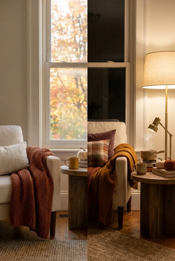 Same reading nook styled for early fall and late fall side by side.