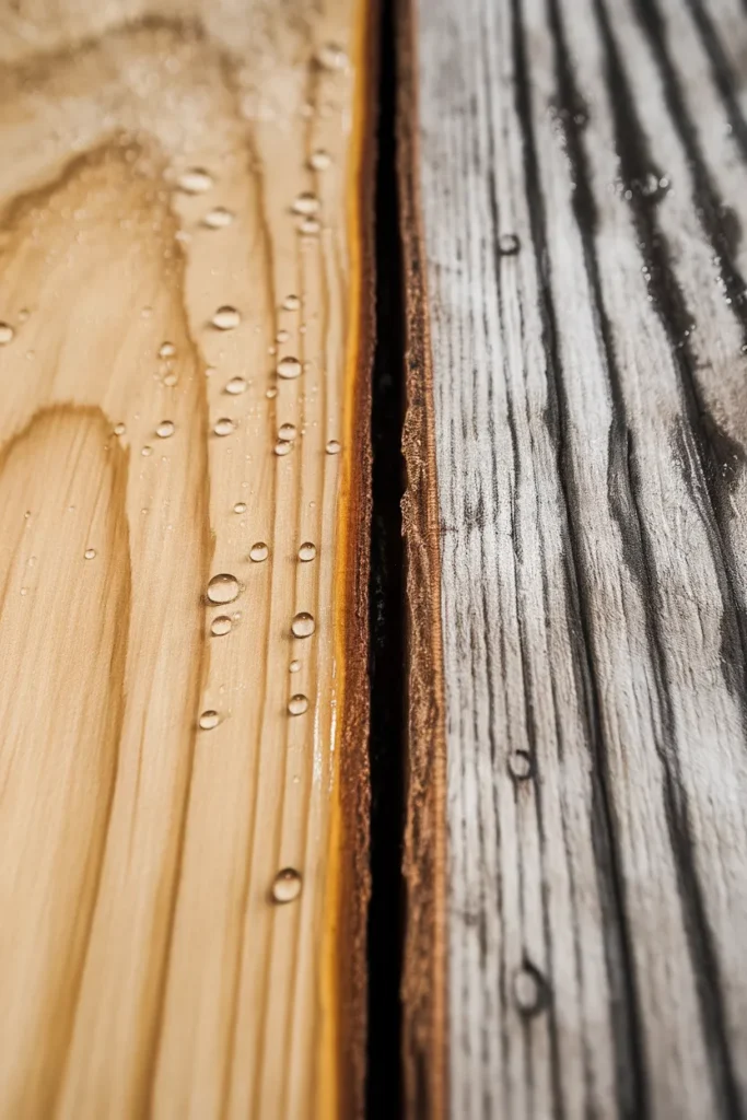 Sealed oak beading water beside a cupped, cracked piece of raw pine.