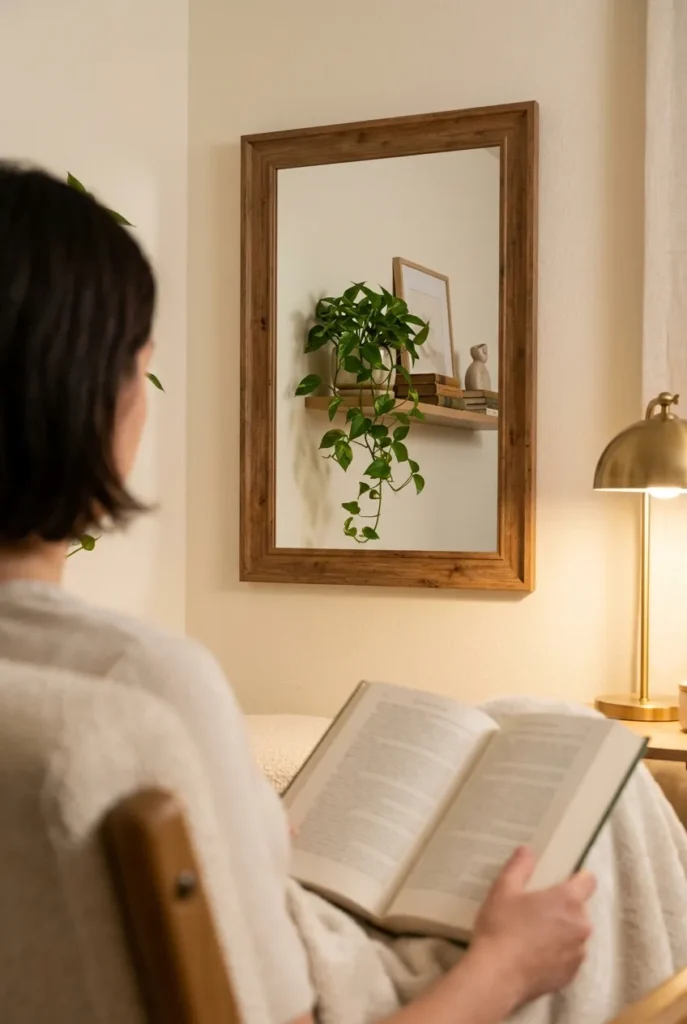 Seated view of a reading nook mirror reflecting a tidy styled shelf instead of clutter.