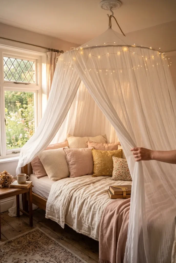 Sheer canopy and fairy lights draped over a cozy daybed reading nook at golden hour.