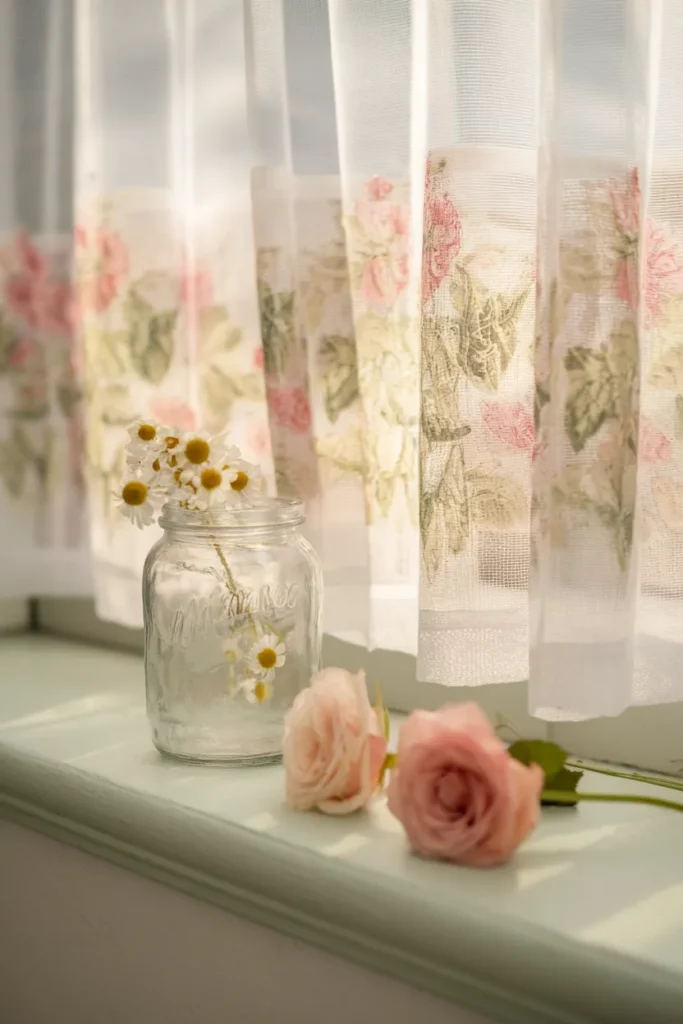 Sheer floral cafe curtain backlit by morning sun with garden stems in a jam jar on the sill