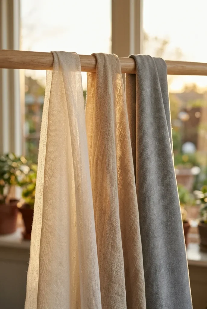 Sheer, muslin, and blackout canopy fabrics compared in golden hour light.