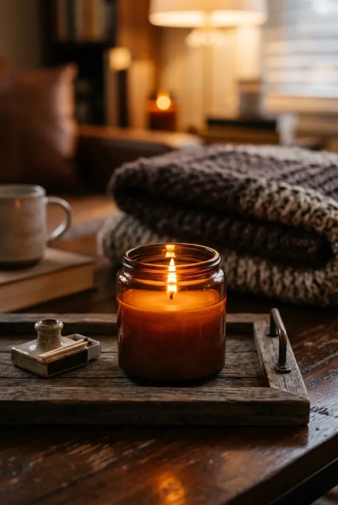 Single lit candle in an amber jar styled safely in a fall reading nook.