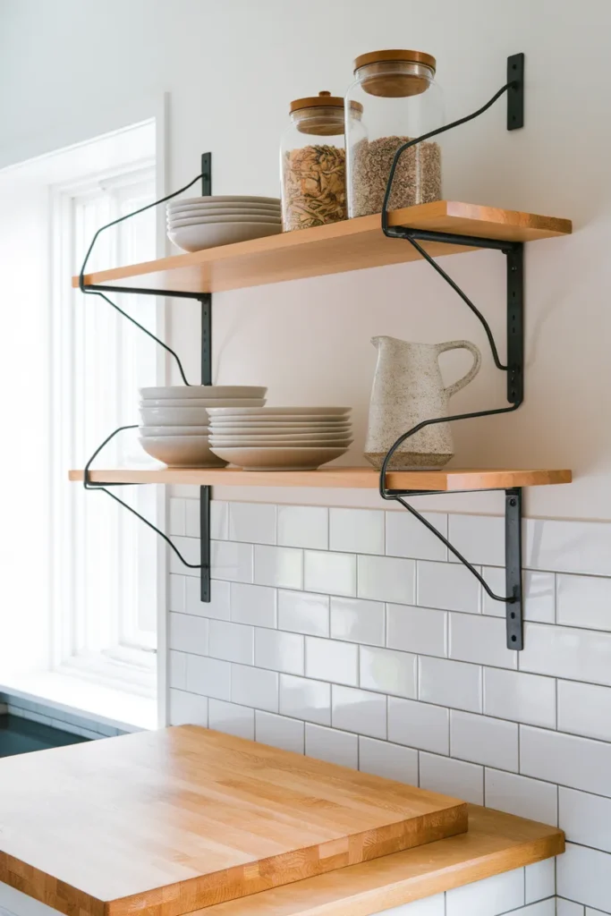 Single styled open shelf with white plates and glass canisters in a farmhouse kitchen.