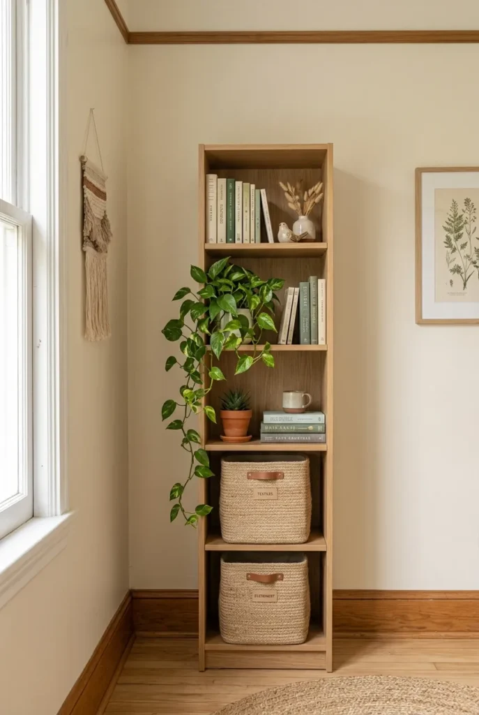 Slim corner bookcase with books and plant on top, woven storage bins below.