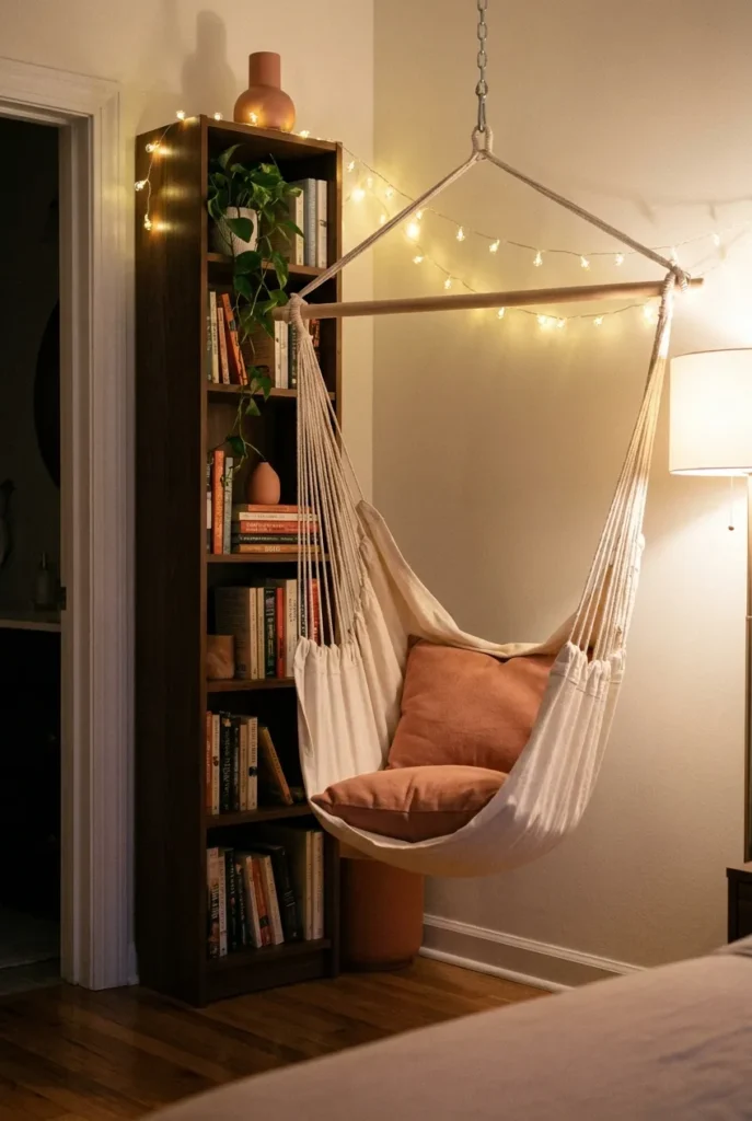 Slim sling swing chair in a small studio apartment reading corner with fairy lights.