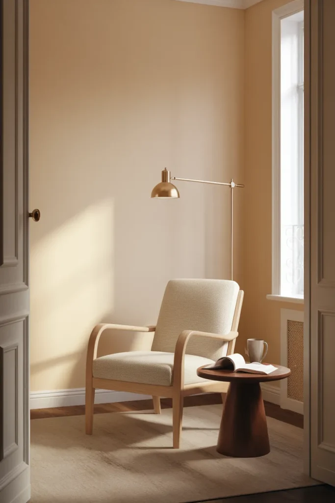 Small apartment decor idea, a finished reading corner with birch armchair and brass lamp in a plain rental living room.