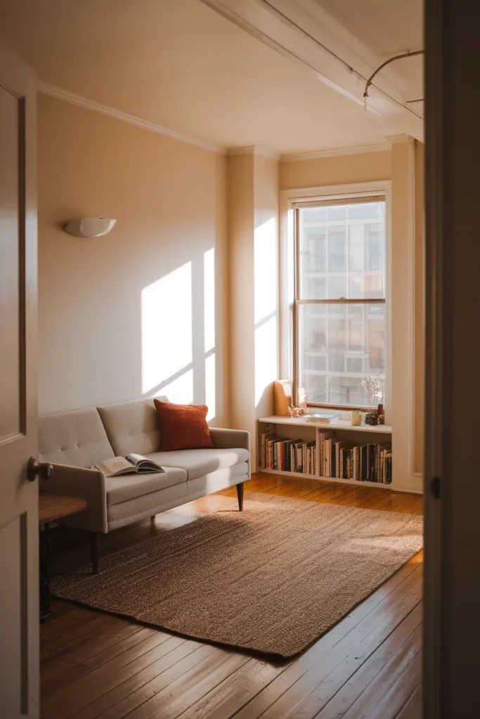 Small apartment living area with slim sofa, folded gateleg table and low bookcase in afternoon light.
