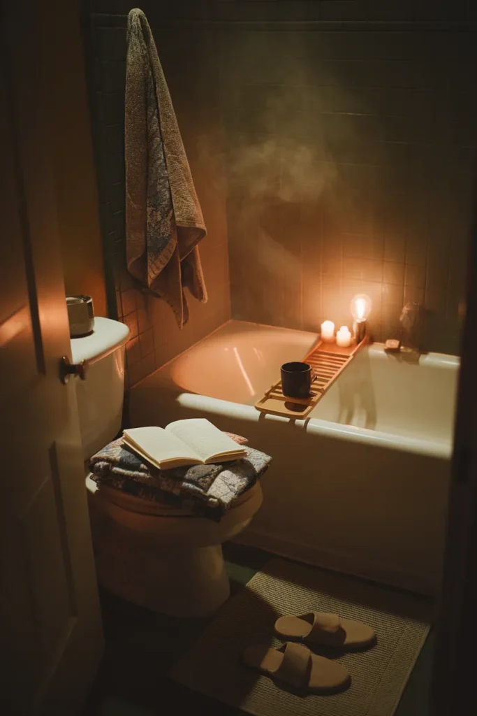 Small bathroom at night with a quilt, open book and candles set up as a reading corner.