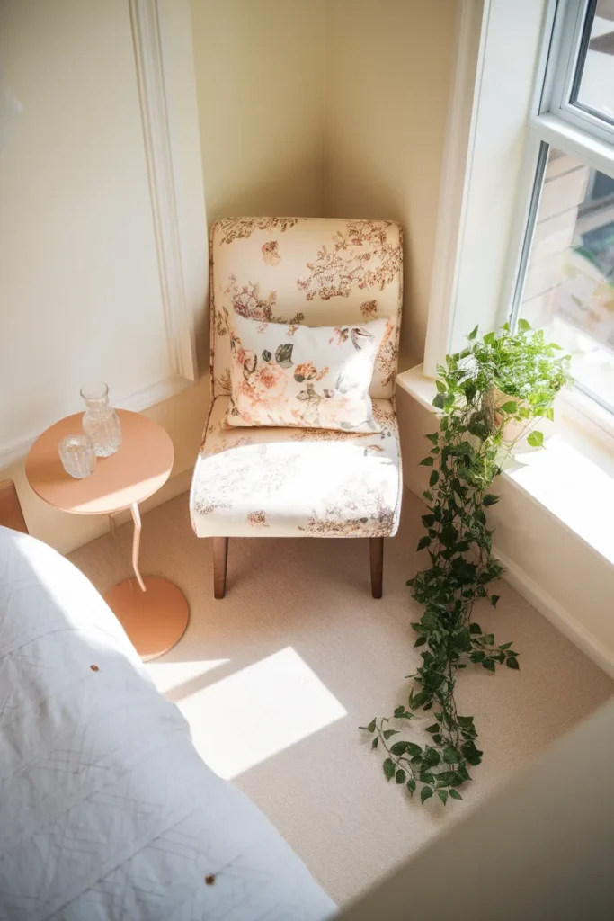 Small bedroom corner reading nook with a floral slipper chair angled by a window.