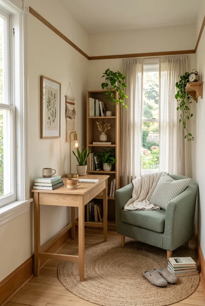 Small bedroom reading nook desk combo with oak desk, sage chair, corner bookcase.