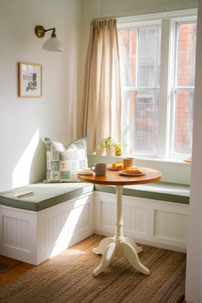 Small breakfast banquette corner with storage bench, bistro table, and morning light.