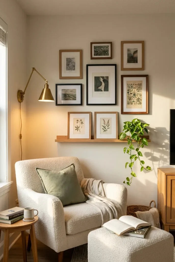 Small corner reading nook gallery wall above a cream armchair.