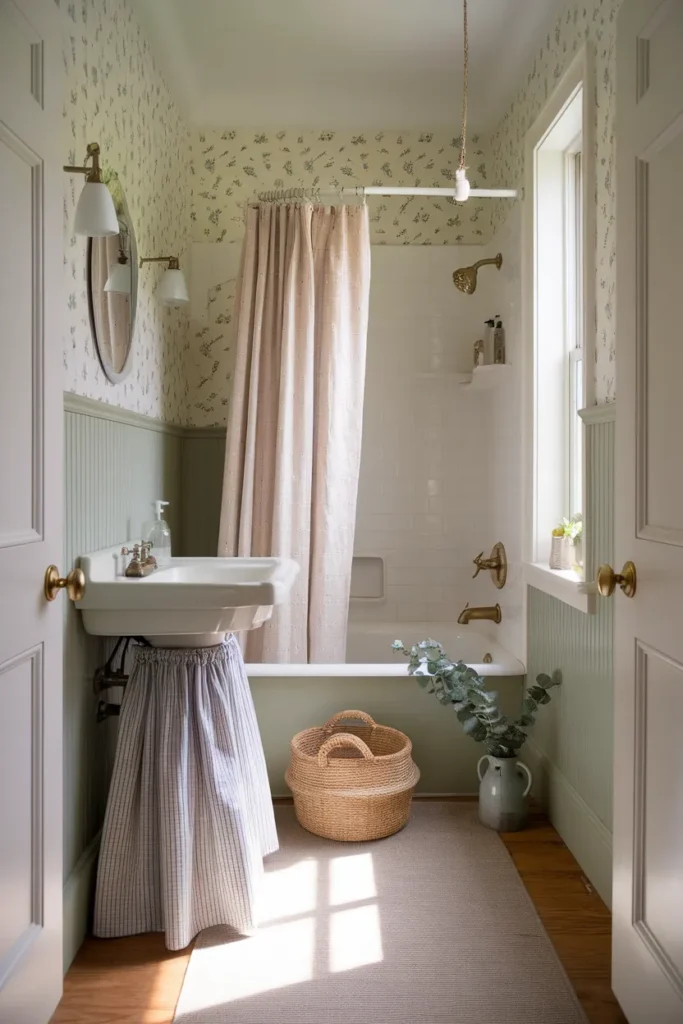 Small cottagecore bathroom with sage beadboard, floral wallpaper and a skirted pedestal sink.