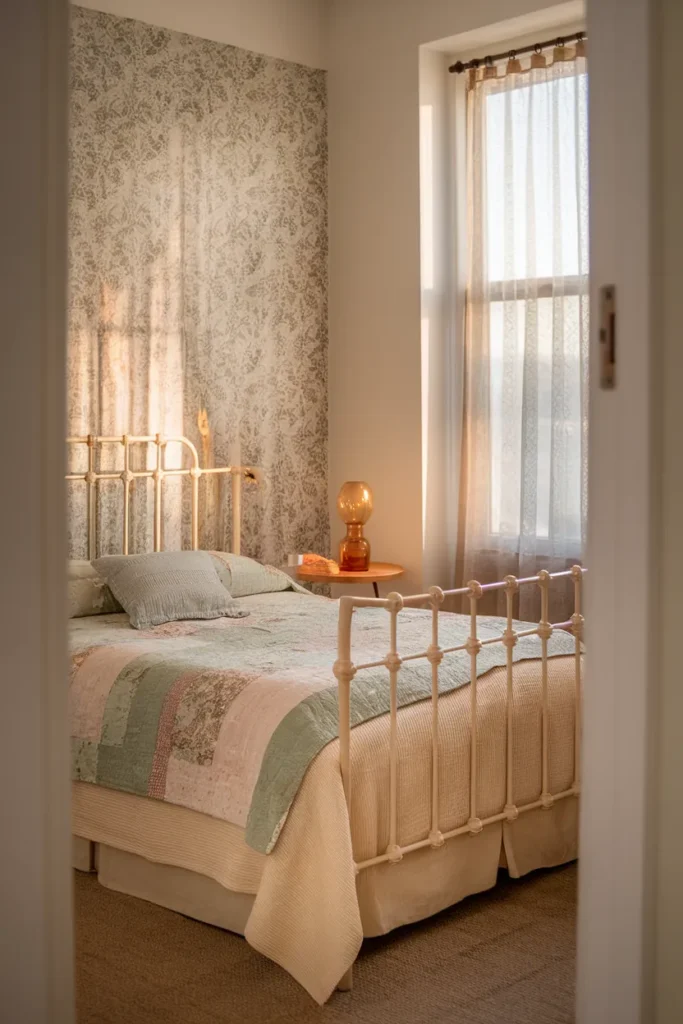 Small cottagecore bedroom with iron bed, floral accent wall, and sage quilt in golden light